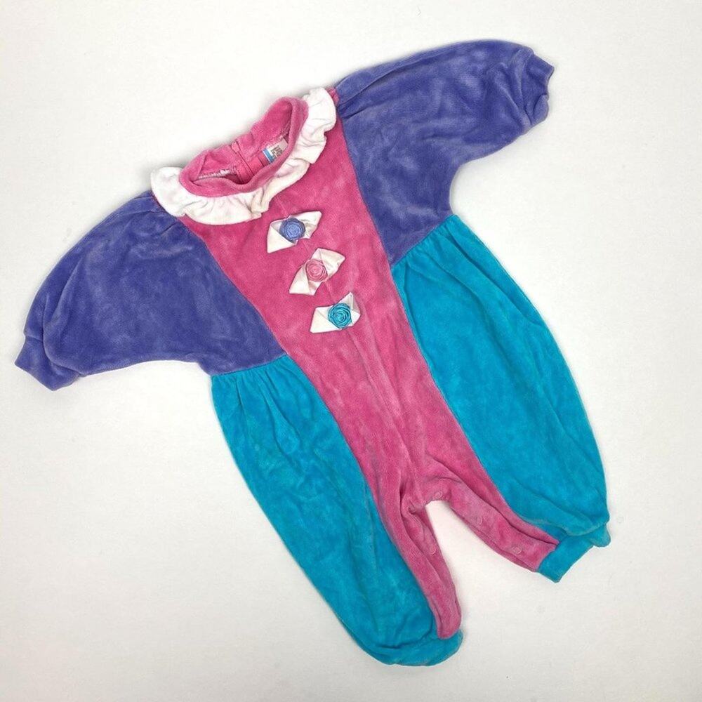 Vintage Girls Bright Color Block Velour Jumpsuit 6-9 Months
